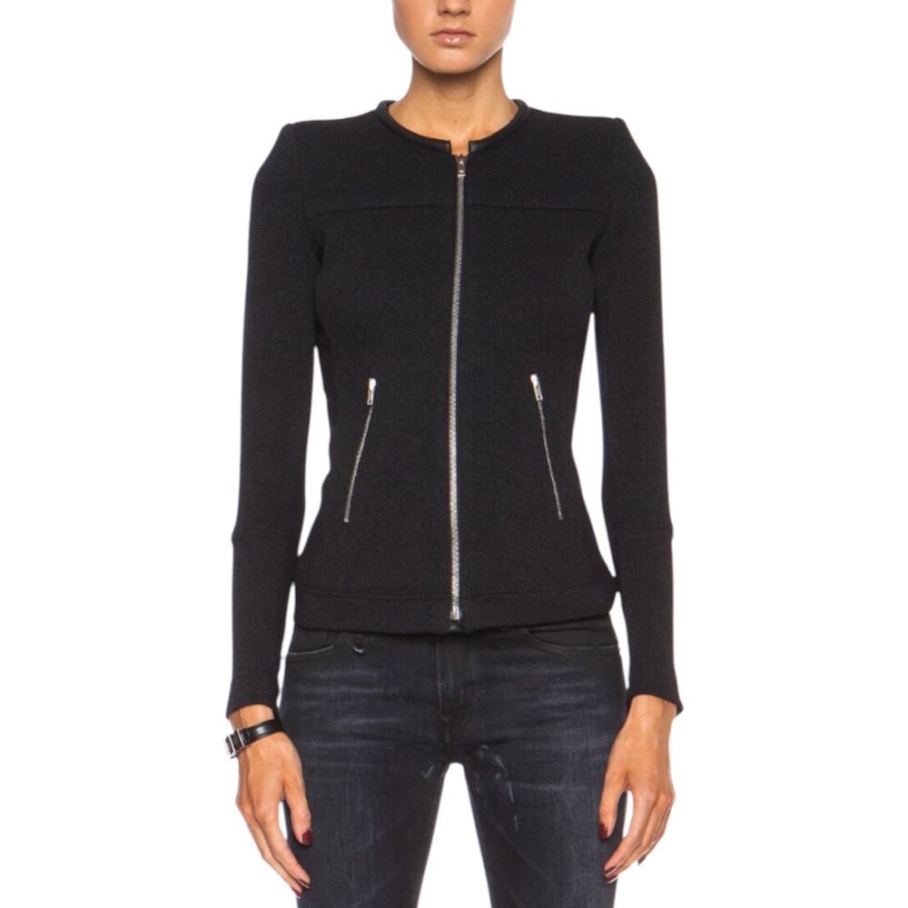IRO Clever Dark Gray Leather Trim Wool Blend Zip Jacket FR 40